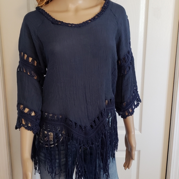 Guilty Navy Blue Top Fringed Hem Crocheted Boho Blouse Medium - Picture 2 of 5